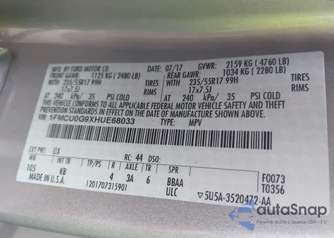 2017 Ford Escape Se из США, поврежденный, VIN 1FMCU0G9XHUE68033